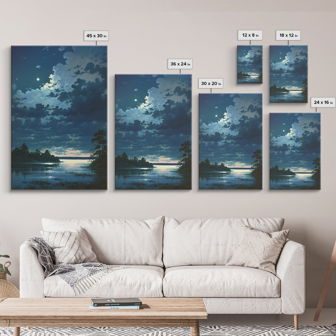 Dreamlike Moonlit Lake Framed Canvas Print, General Fine Art, Decor, Living Room Decor, Fine Art, Digital Wall Art, GEN-2x3-21