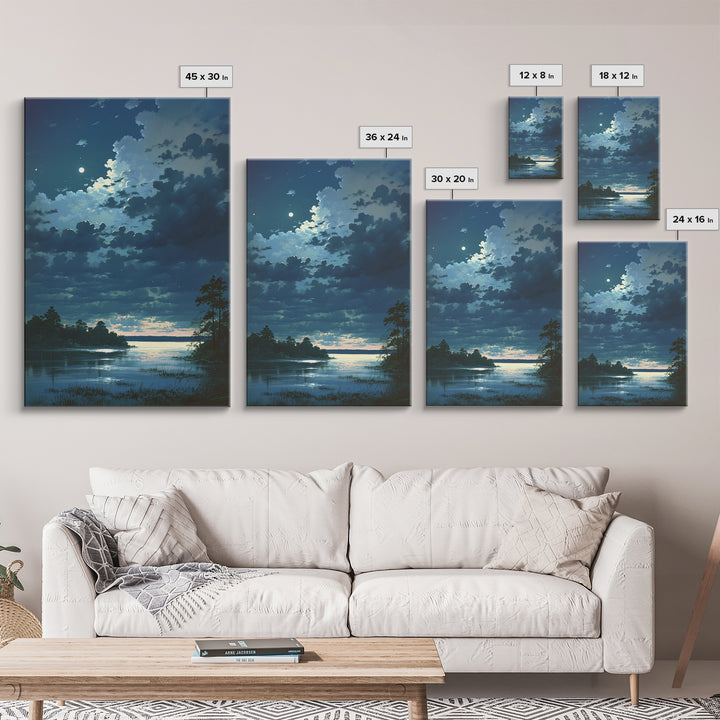 Dreamlike Moonlit Lake Framed Canvas Print, General Fine Art, Decor, Living Room Decor, Fine Art, Digital Wall Art, GEN-2x3-21