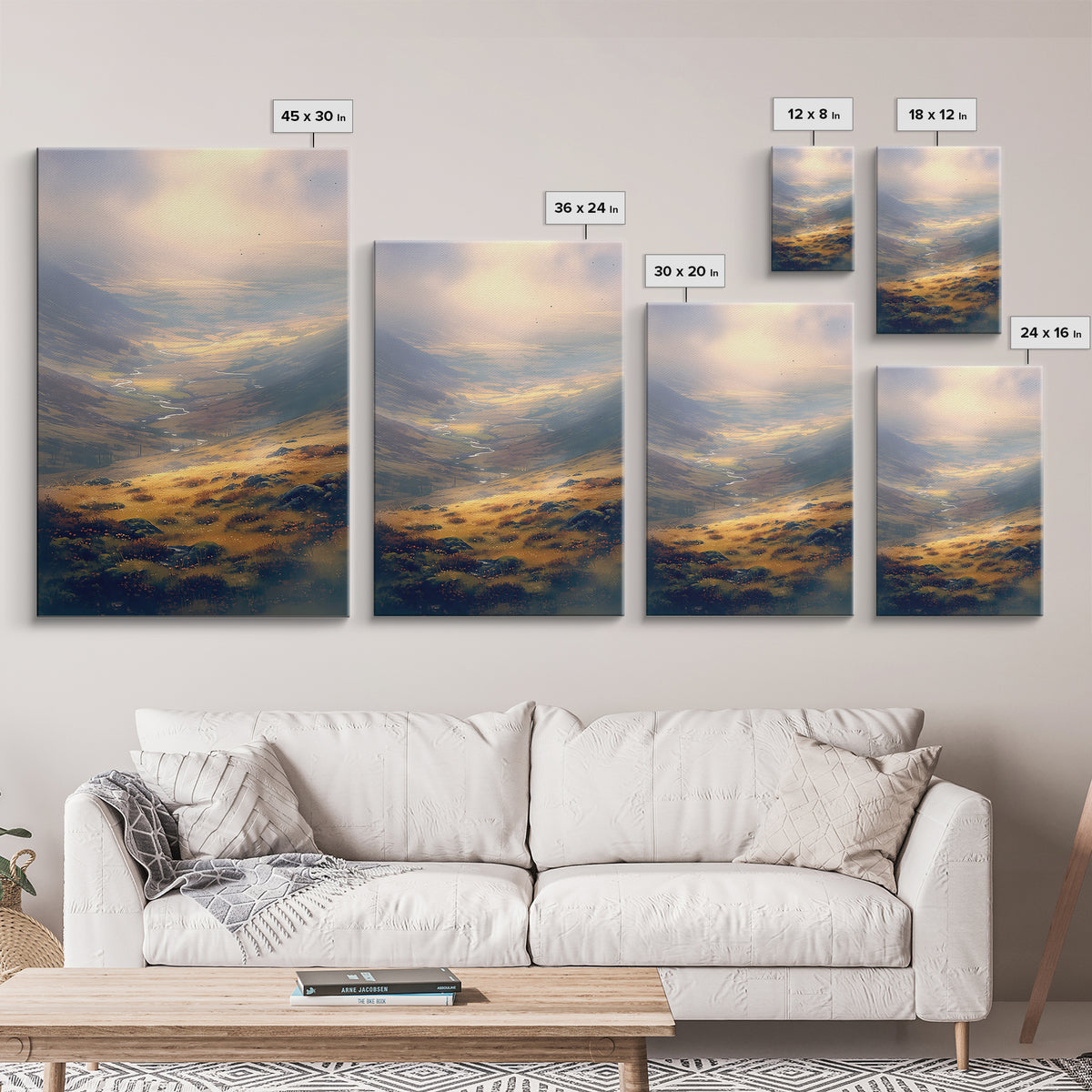 Misty Mountain Valley Framed Canvas Print, General Fine Art, Digital Print, Living Room Decor, Watercolor Art, GEN-2x3-36