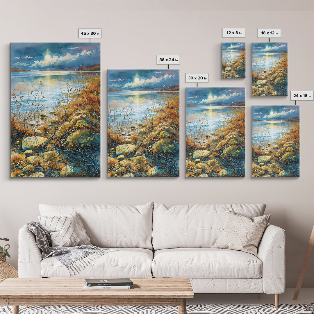 Dreamlike Moonlit Lake Canvas Print, General Fine Art, Printable, Living Room Decor, Oil Painting, Framed Wall Art, GEN-2x3-45