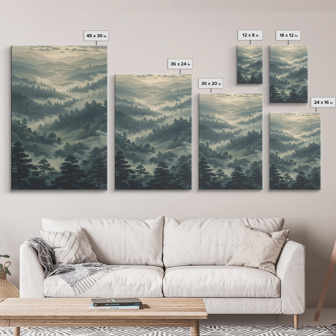 Misty Mountain Valley Framed Canvas Print, General Fine Art, Art Prints, Living Room Decor, Fine Art, Wall Hanging, GEN-2x3-60