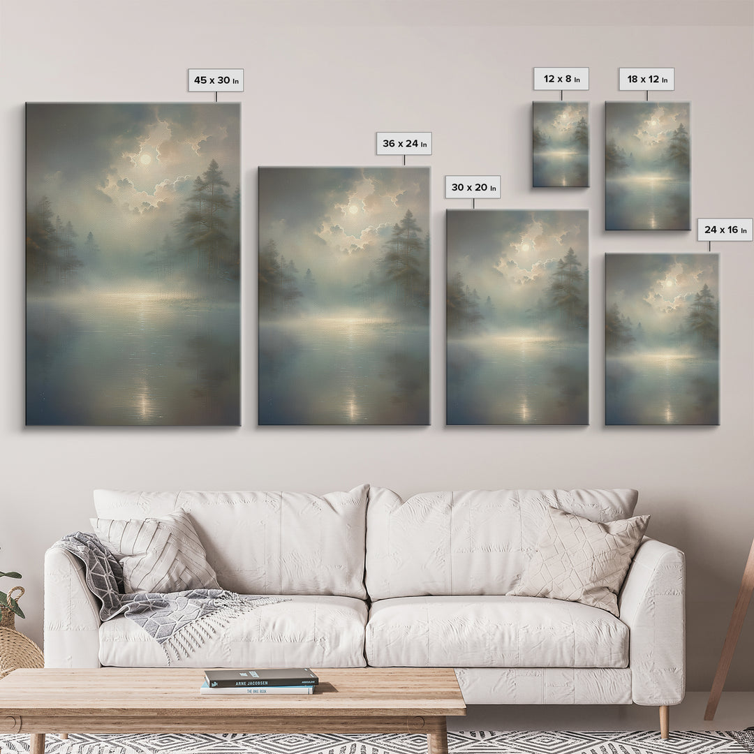 Dreamlike Moonlit Lake Framed Canvas Print, General Fine Art, Oil Painting, Living Room Decor, Fine Art, Gallery Decor, GEN-2x3-69