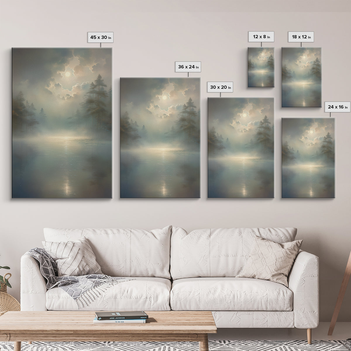 Dreamlike Moonlit Lake Framed Canvas Print, General Fine Art, Oil Painting, Living Room Decor, Fine Art, Gallery Decor, GEN-2x3-69