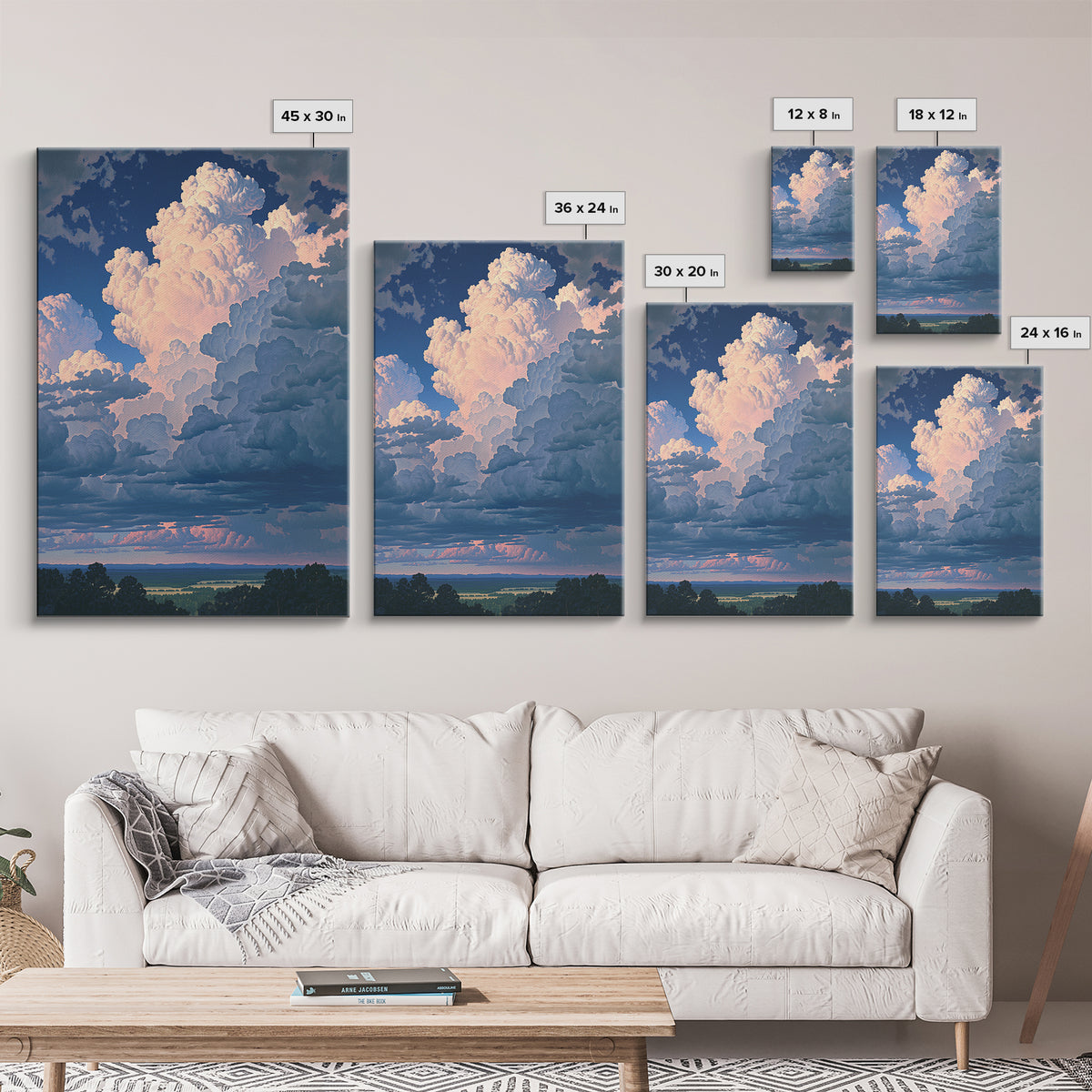Romantic Cloudscape with Blush and Cream Tones Framed Canvas Print, General Fine Art, Print, Living Room Decor, Watercolor Art, GEN-2x3-74