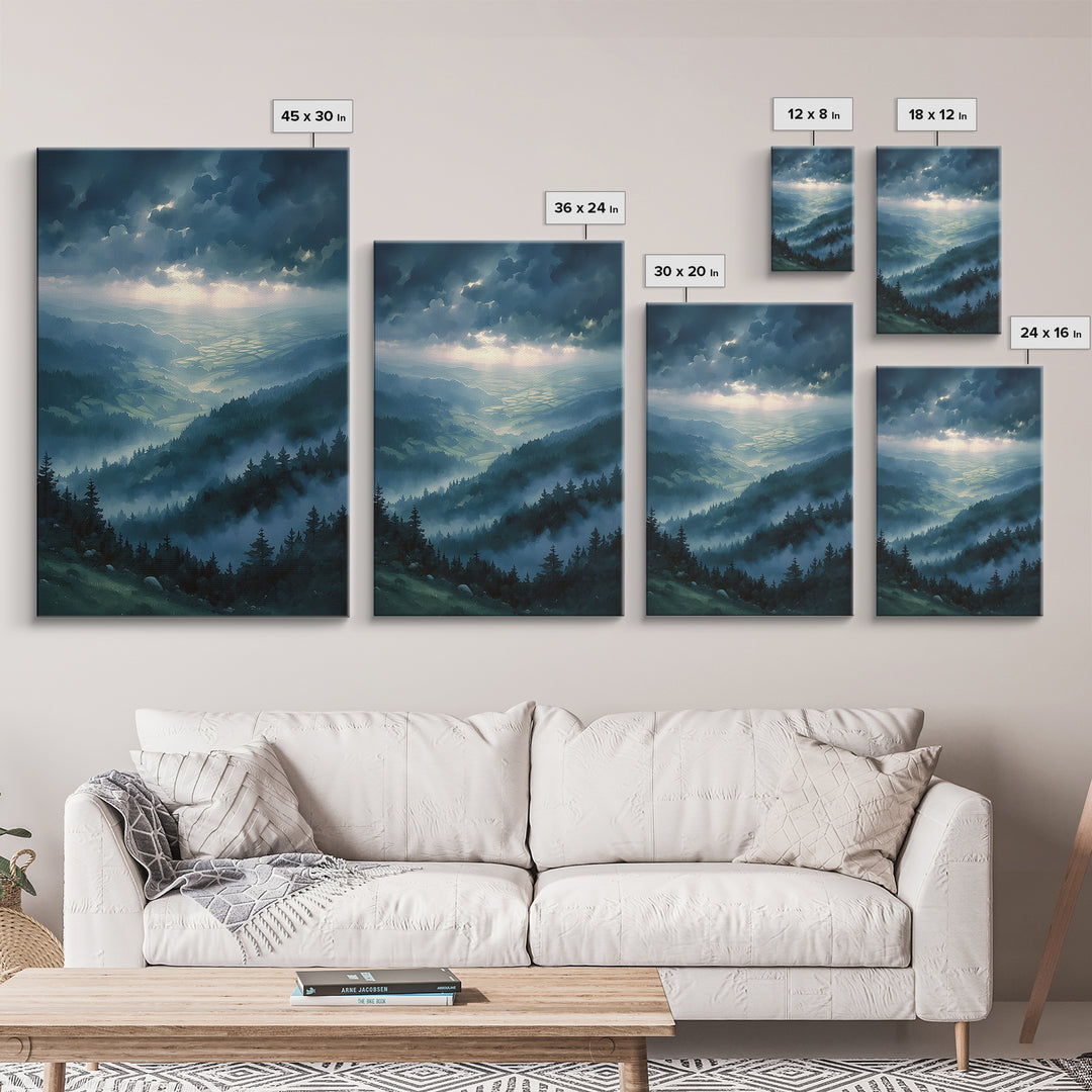 Misty Mountain Valley Framed Canvas Print, General Fine Art, Modern Decor, Living Room Decor, Fine Art, Poster, GEN-2x3-84