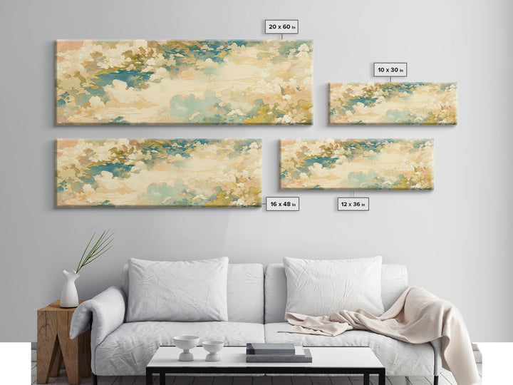 Romantic Cloudscape with Blush and Cream Tones Framed Canvas Print, General Fine Art, Painting, Living Room Decor, Fine Art, GEN-3x1-10