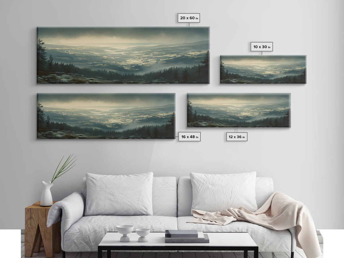Misty Mountain Valley Framed Canvas Print, General Fine Art, Modern Decor, Living Room Decor, Fine Art, Poster, GEN-3x1-44