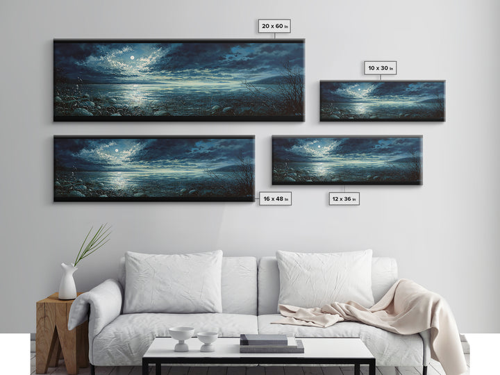 Dreamlike Moonlit Lake Framed Canvas Print, General Fine Art, Wall Art Prints, Living Room Decor, Watercolor Art, GEN-3x1-5