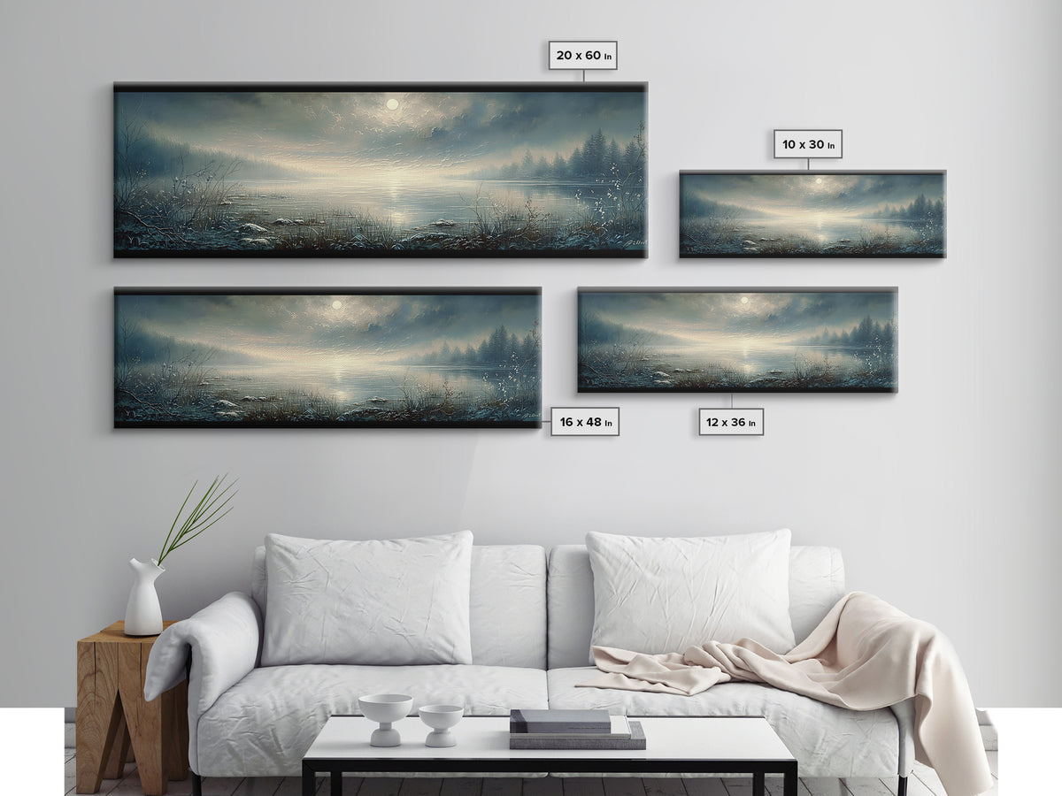 Dreamlike Moonlit Lake Framed Canvas Print, General Fine Art, Abstract Art, Living Room Decor, Oil Painting, GEN-3x1-53