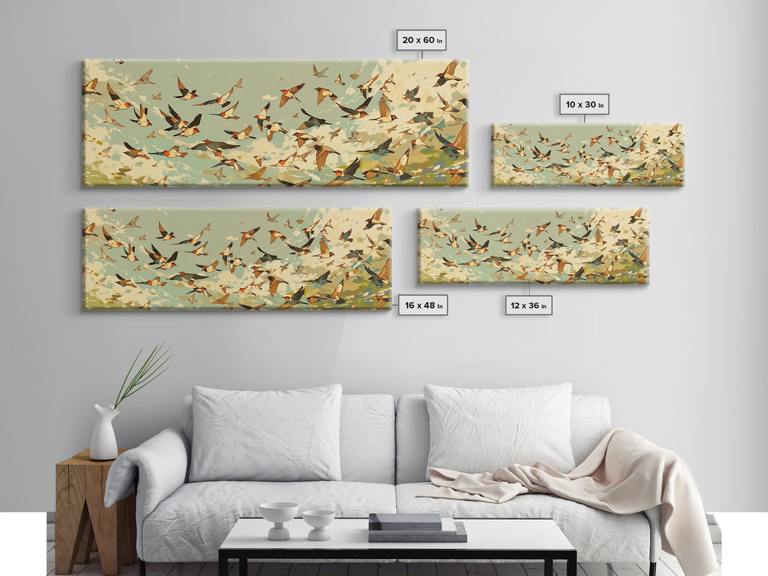 Minimal Birds in Flight over an Open Canvas Print, General Fine Art, Boho Decor, Living Room Decor, Oil Painting, GEN-3x1-62