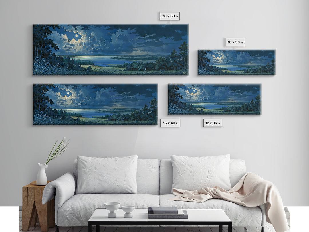 Dreamlike Moonlit Lake Framed Canvas Print, General Fine Art, Abstract Art, Living Room Decor, Oil Painting, GEN-3x1-77