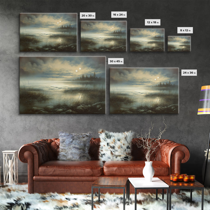 Dreamlike Moonlit Lake Framed Canvas Print, General Fine Art, Digital Print, Living Room Decor, Watercolor Art, GEN-3x2-41