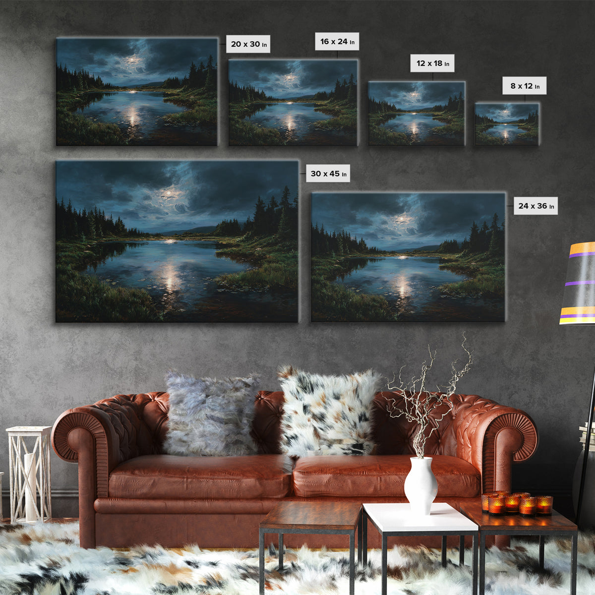 Dreamlike Moonlit Lake Framed Canvas Print, General Fine Art, Digital Print, Living Room Decor, Watercolor Art, GEN-3x2-65