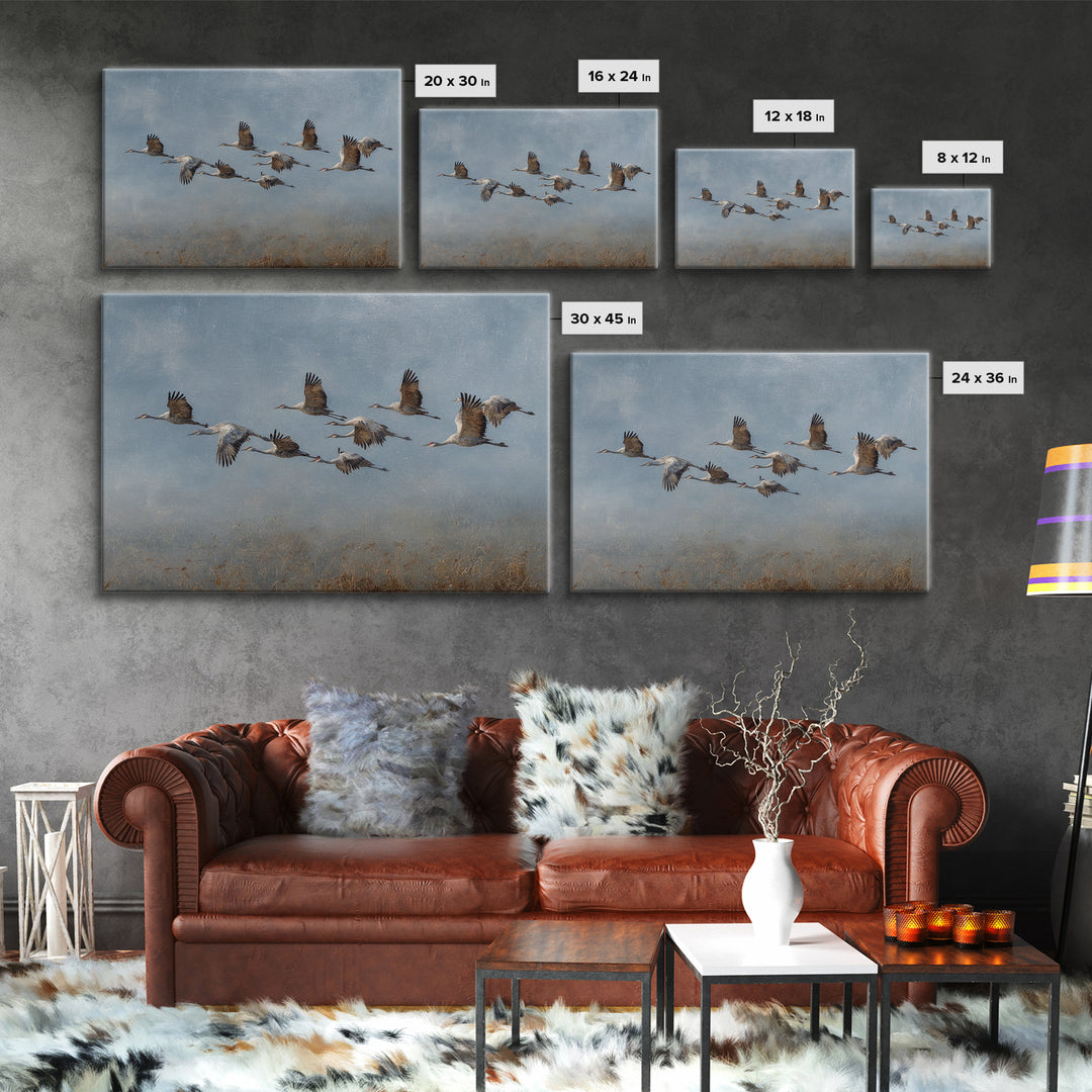 Minimal Birds in Flight over an Open Framed Canvas Print, General Fine Art, Art Deco, Living Room Decor, Oil Painting, GEN-3x2-74
