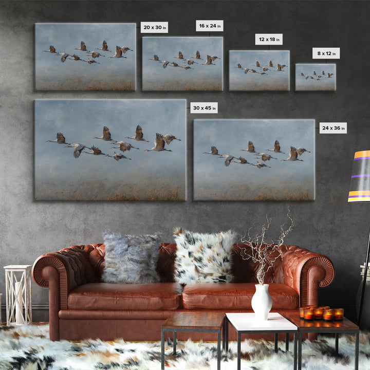 Minimal Birds in Flight over an Open Framed Canvas Print, General Fine Art, Art Deco, Living Room Decor, Oil Painting, GEN-3x2-74