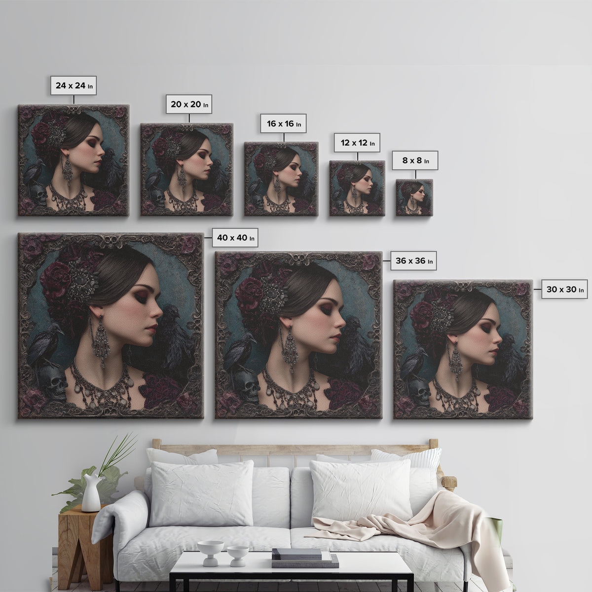 Vampire Inspired Portrait with Pale Skin and Canvas Print, Gothic Art, Halloween Art, Living Room Decor, Oil Painting, Gothic, GOT-1x1-10