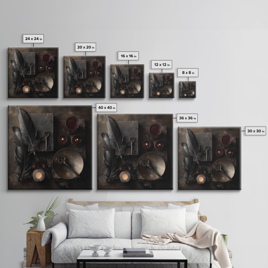Crow Feathers and Antique Key Still Life Framed Canvas Print, Gothic Art, Halloween Decor, Living Room Decor, Fine Art, Gothic, GOT-1x1-12