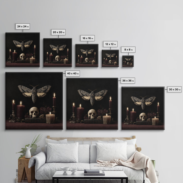 Moth and Skull Composition on Black Velvet Canvas Print, Gothic Art, Canvas Tote Bag, Living Room Decor, Oil Painting, Gothic, GOT-1x1-15