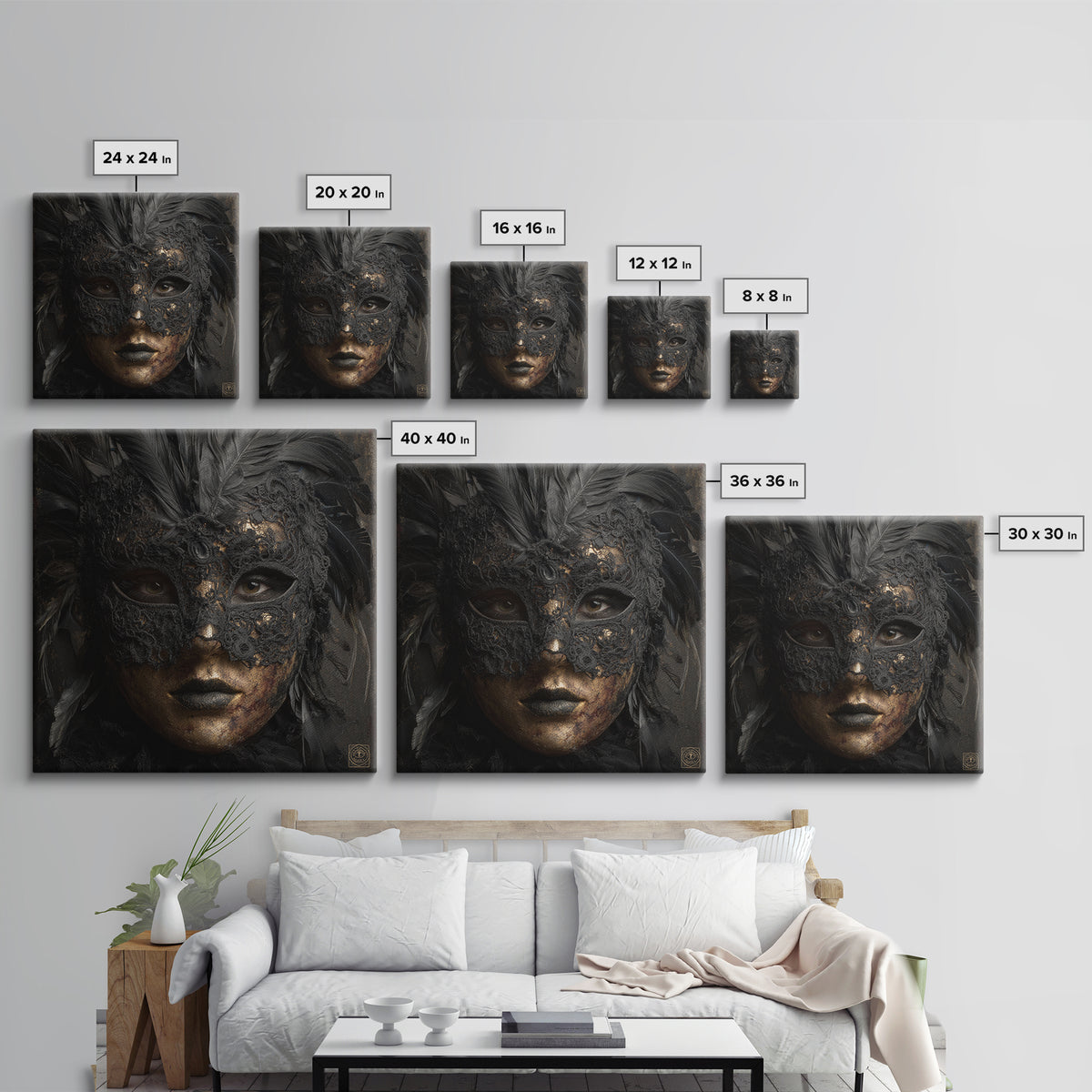 Phantom Ballroom Mask Framed Canvas Print, Gothic Art, Gothic Wallpaper, Living Room Decor, Watercolor Art, Gothic, GOT-1x1-24