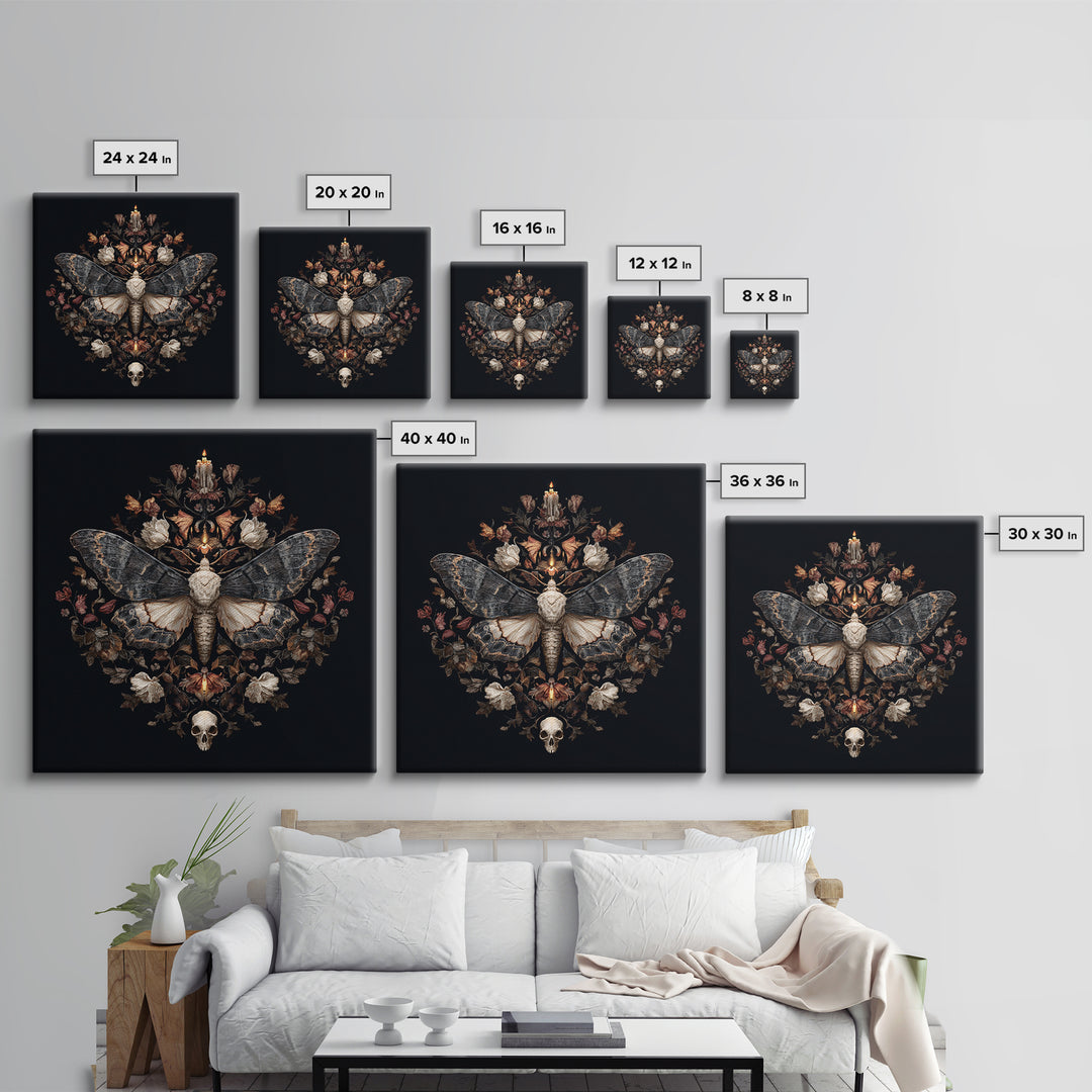 Moth and Skull Composition on Black Velvet Framed Canvas Print, Gothic Art, Gothic Wall Art, Living Room Decor, Gothic, GOT-1x1-39