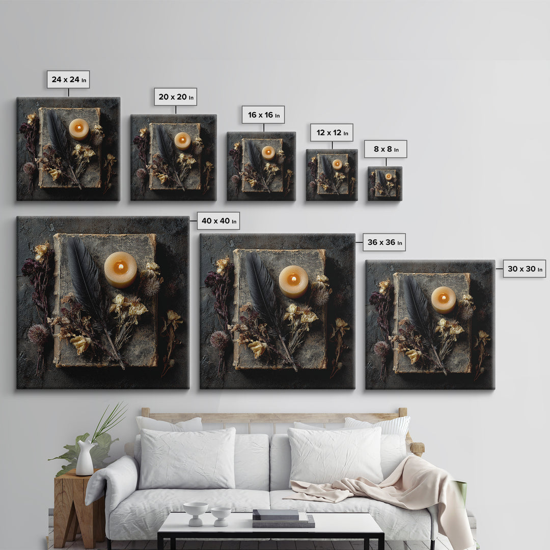 Candlelit Book and Dried Flowers Still Life Framed Canvas Print, Gothic Art, Canvas Painting, Living Room Decor, Gothic, GOT-1x1-42