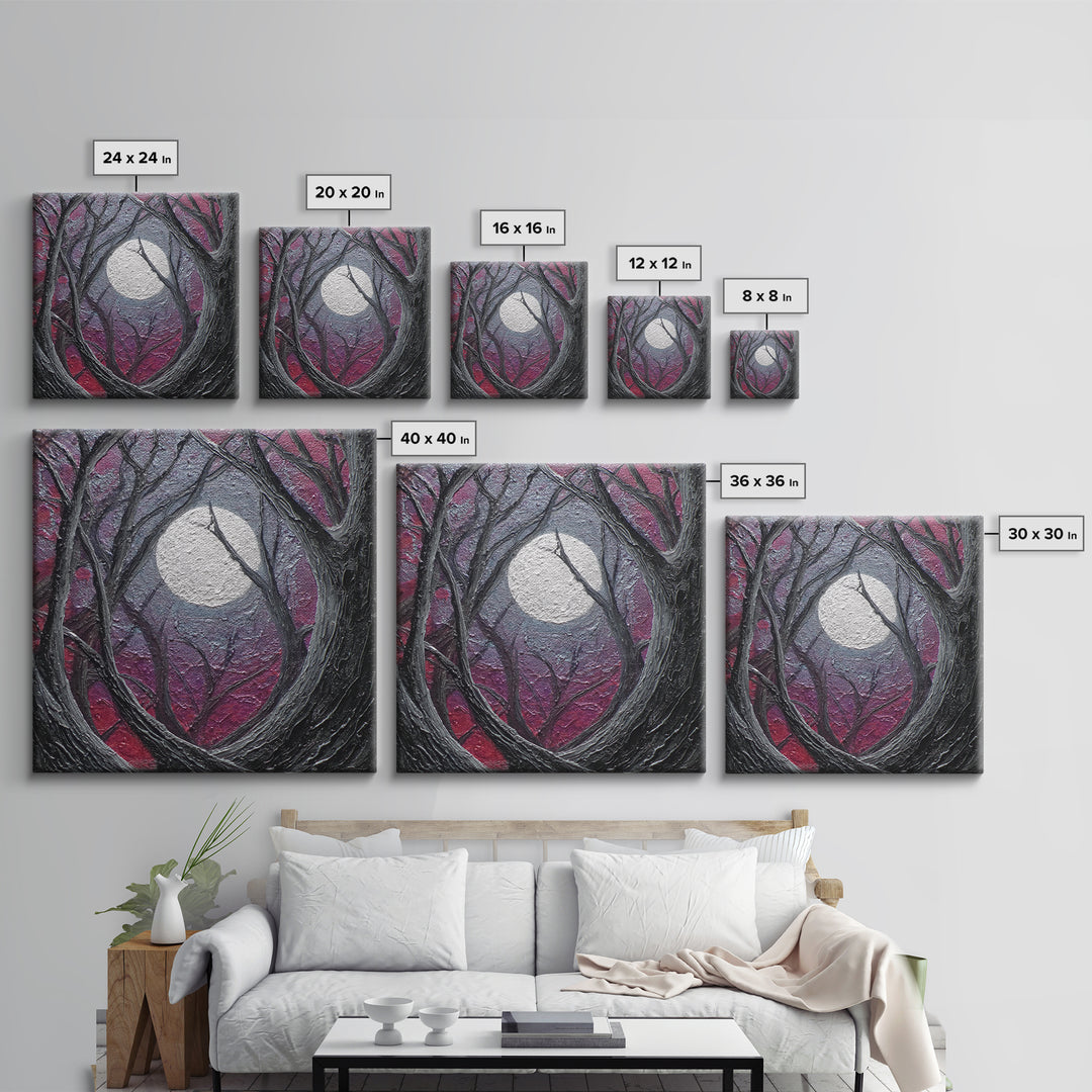 Silver Moon over Twisted Black Trees Framed Canvas Print, Gothic Art, Fine Art Print, Living Room Decor, Abstract Art, Gothic, GOT-1x1-57