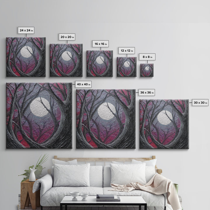 Silver Moon over Twisted Black Trees Framed Canvas Print, Gothic Art, Fine Art Print, Living Room Decor, Abstract Art, Gothic, GOT-1x1-57