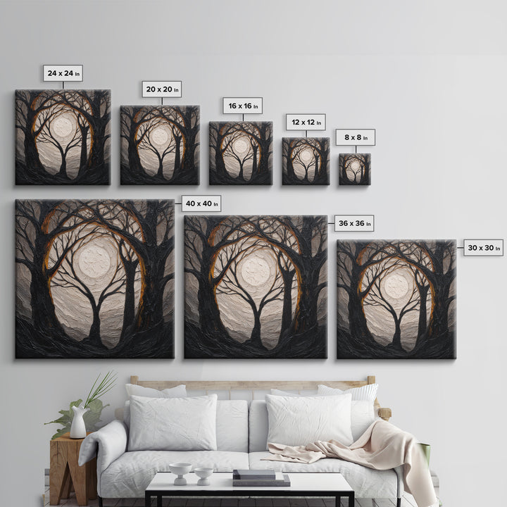 Silver Moon over Twisted Black Trees Canvas Print, Gothic Art, Black and White Art, Living Room Decor, Fine Art, Gothic, GOT-1x1-9