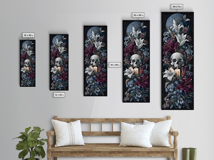 Skull Surrounded by Lilies and Candles Canvas Print, Gothic Art, Halloween Art, Living Room Decor, Gothic, Neutral Decor, GOT-1x3-89