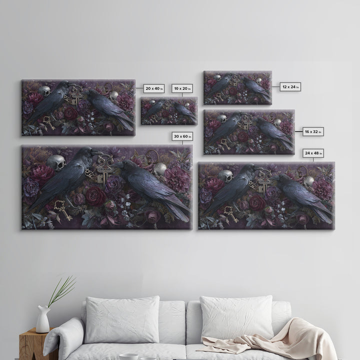 Crow Feathers and Antique Key Still Life Canvas Print, Gothic Art, Contemporary Art, Living Room Decor, Oil Painting, Gothic, GOT-2x1-32