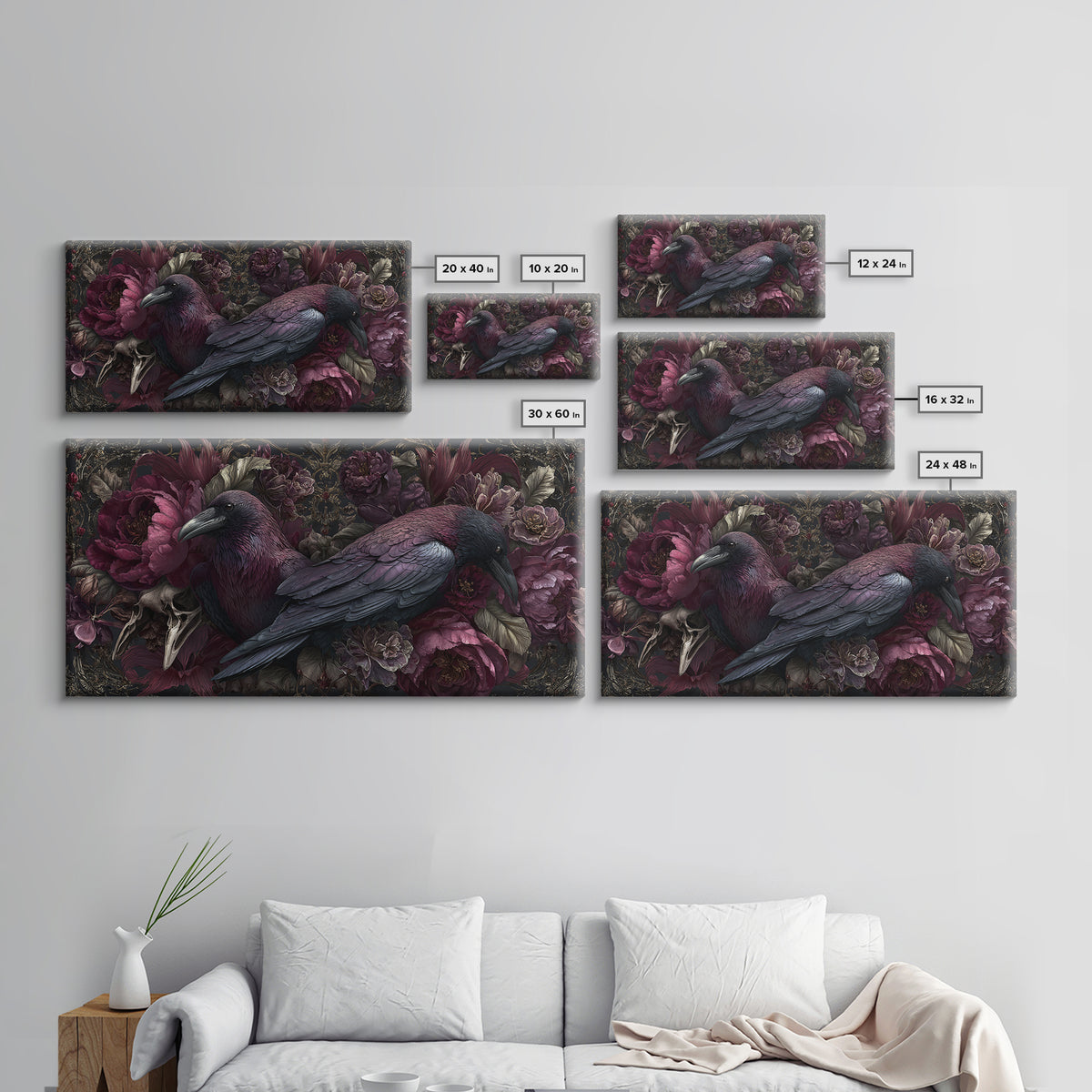 Raven Feathers Arranged Like a Halo Canvas Print, Gothic Art, Textured Painting, Living Room Decor, Watercolor Art, Gothic, GOT-2x1-66