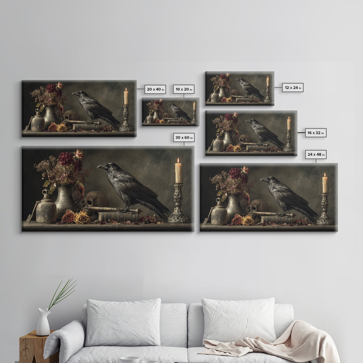 Crow Feathers and Antique Key Still Life Framed Canvas Print, Gothic Art, Dark Academia Decor, Living Room Decor, Gothic, GOT-2x1-80