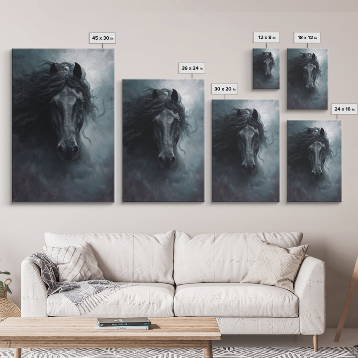 Black Horse with Flowing Mane in Fog Framed Canvas Print, Gothic Art, Wall Art, Living Room Decor, Gothic, Canvas Tote Bag, GOT-2x3-1
