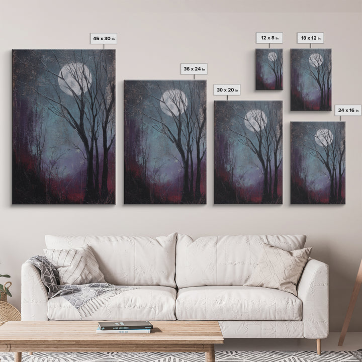 Silver Moon over Twisted Black Trees Framed Canvas Print, Gothic Art, Art Prints, Living Room Decor, Abstract Art, Gothic, GOT-2x3-17