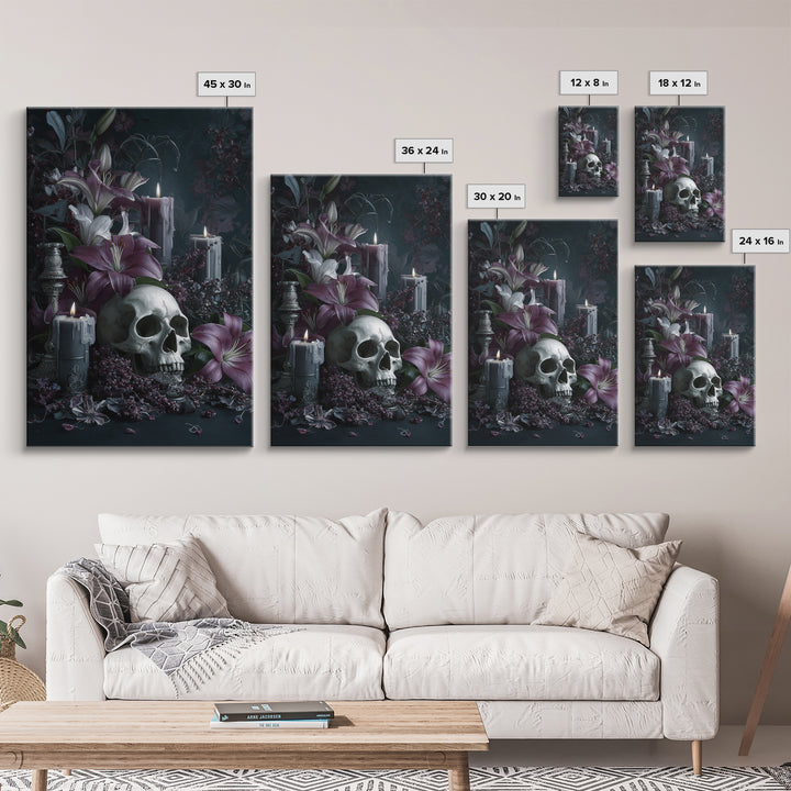 Skull Surrounded by Lilies and Candles Canvas Print, Gothic Art, Original Painting, Living Room Decor, Fine Art, Gothic, GOT-2x3-61