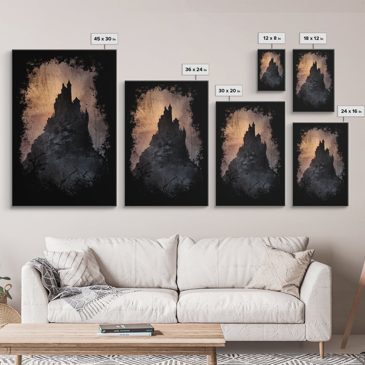 Stormy Castle Silhouette on Jagged Cliffs Canvas Print, Gothic Art, Digital Art, Living Room Decor, Abstract Art, Gothic, GOT-2x3-62