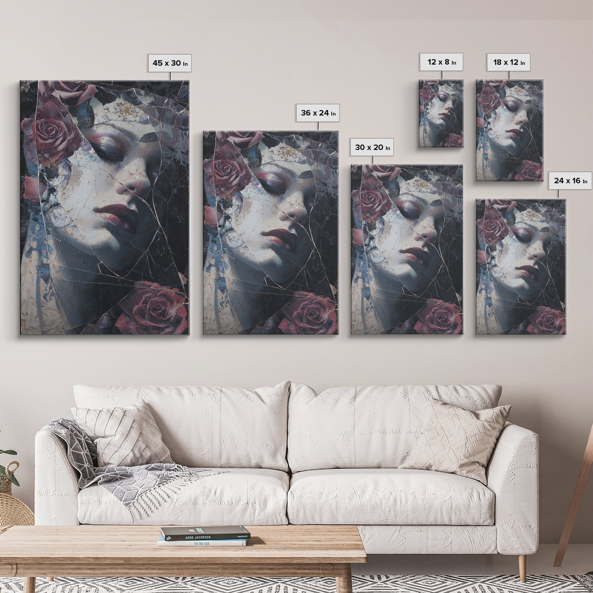 Cracked Mirror Reflecting Moon and Roses Canvas Print, Gothic Art, Poster, Living Room Decor, Fine Art, Gothic, Witchy Decor, GOT-2x3-79