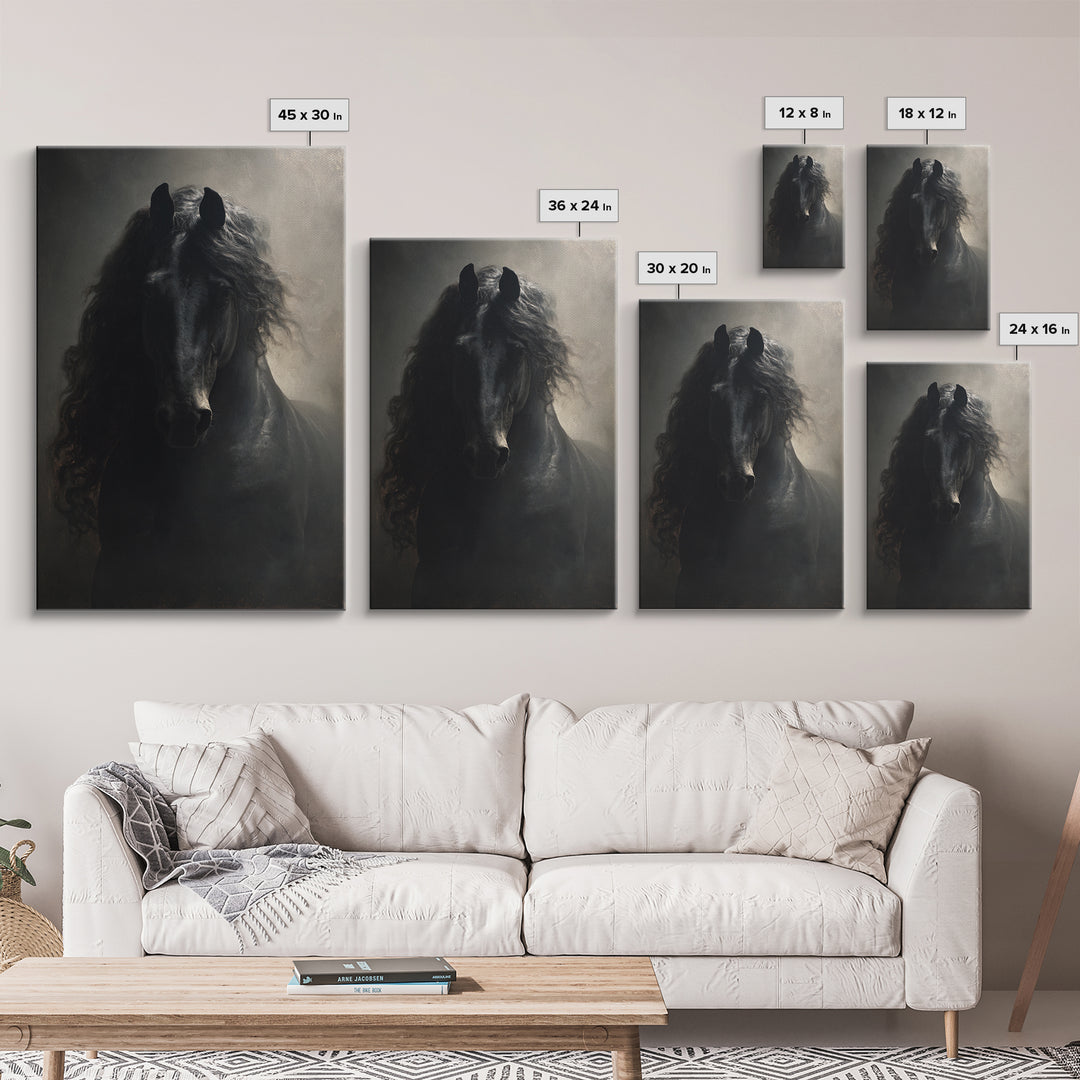 Black Horse with Flowing Mane in Fog Framed Canvas Print, Gothic Art, Art Nouveau, Living Room Decor, Fine Art, Gothic, GOT-2x3-97