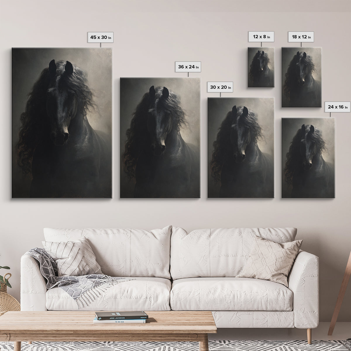 Black Horse with Flowing Mane in Fog Framed Canvas Print, Gothic Art, Art Nouveau, Living Room Decor, Fine Art, Gothic, GOT-2x3-97