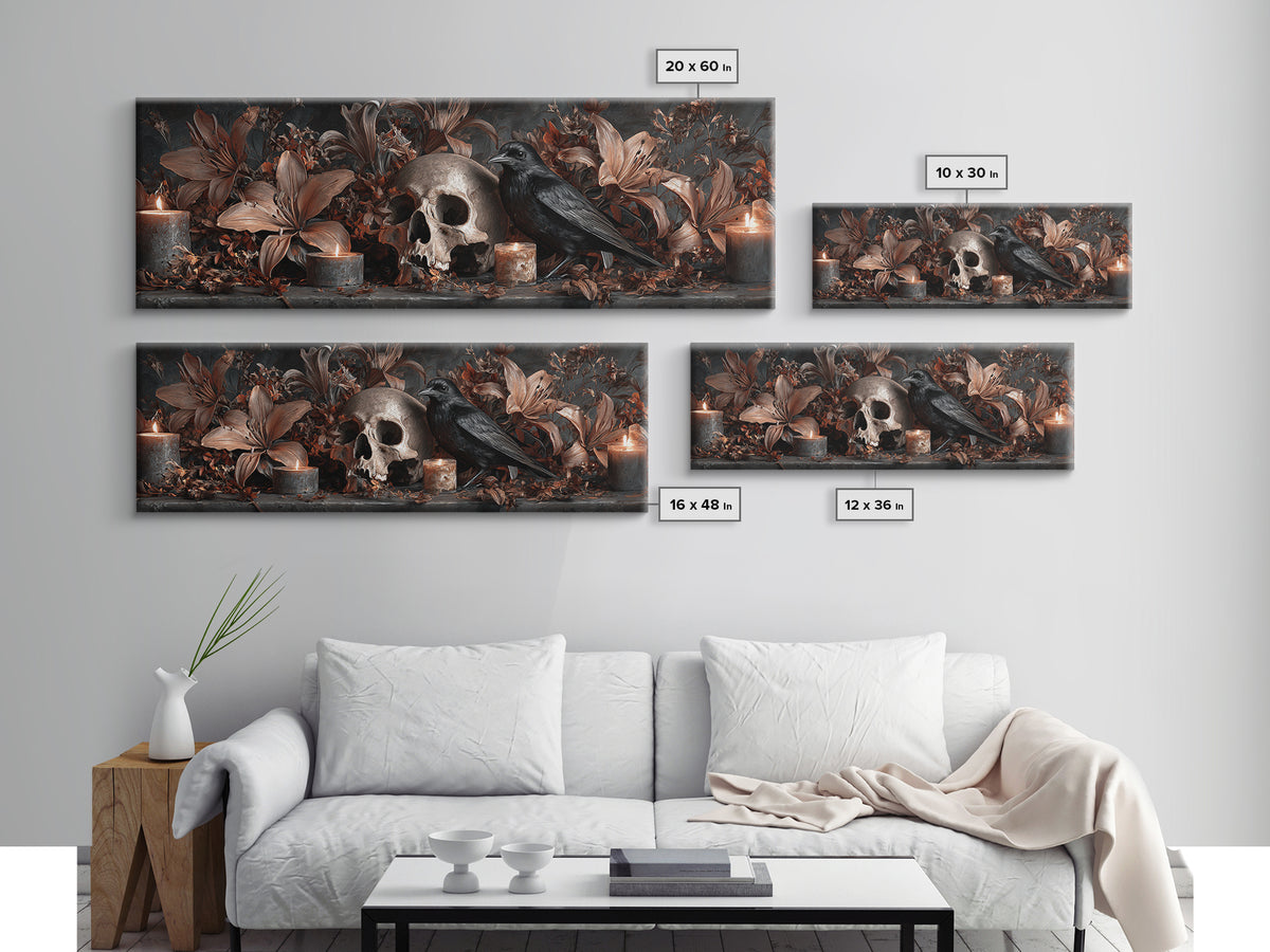 Skull Surrounded by Lilies and Candles Canvas Print, Gothic Art, Gothic Wall Art, Living Room Decor, Fine Art, Gothic, GOT-3x1-21