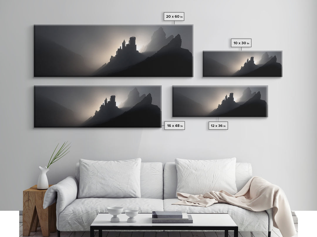 Stormy Castle Silhouette on Jagged Cliffs Canvas Print, Gothic Art, Boho Decor, Living Room Decor, Abstract Art, Gothic, GOT-3x1-22