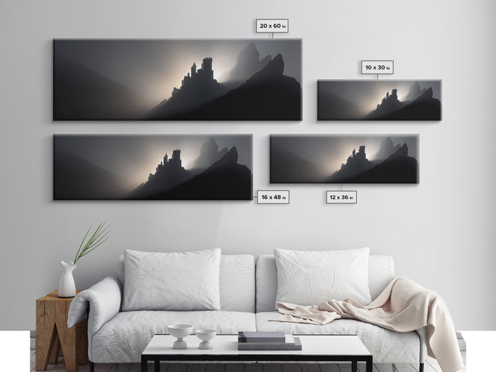 Stormy Castle Silhouette on Jagged Cliffs Canvas Print, Gothic Art, Boho Decor, Living Room Decor, Abstract Art, Gothic, GOT-3x1-22