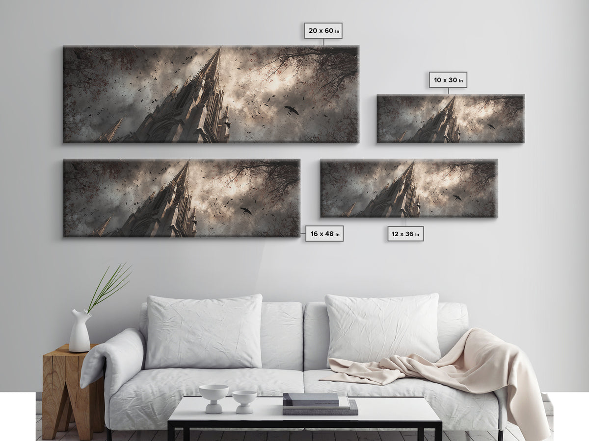 Cathedral Spire Beneath Lightning Clouds Canvas Print, Gothic Art, Wall Art, Living Room Decor, Gothic, Canvas Tote Bag, GOT-3x1-30