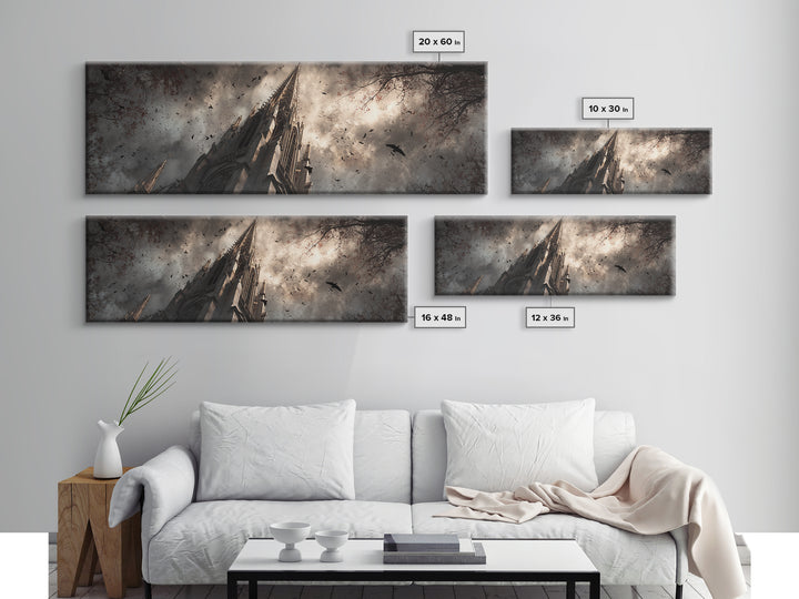 Cathedral Spire Beneath Lightning Clouds Canvas Print, Gothic Art, Wall Art, Living Room Decor, Gothic, Canvas Tote Bag, GOT-3x1-30