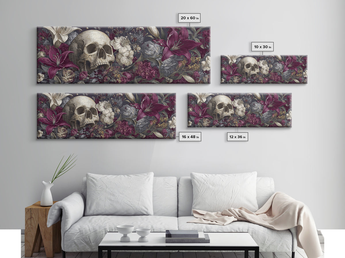 Skull Surrounded by Lilies and Candles Canvas Print, Gothic Art, Gothic Wall Art, Living Room Decor, Fine Art, Gothic, GOT-3x1-45