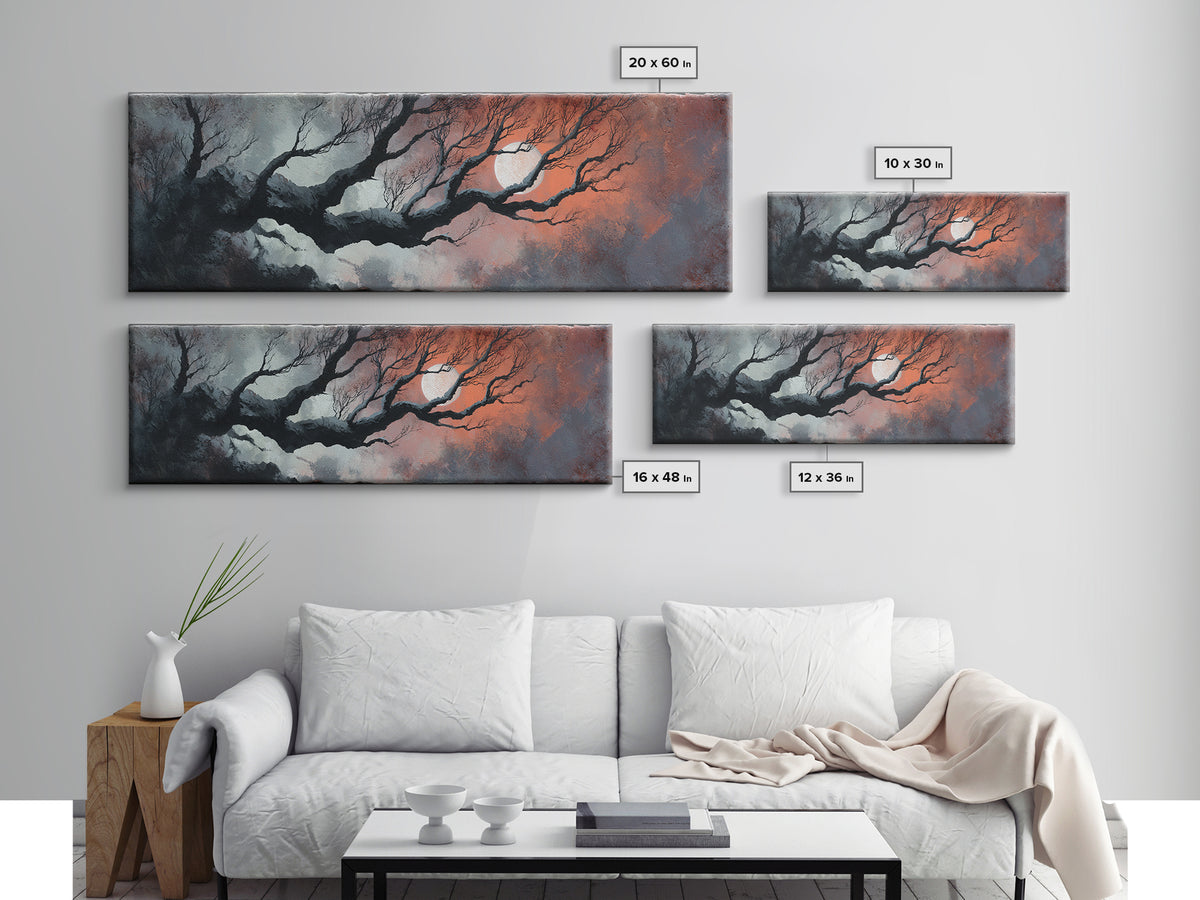 Silver Moon over Twisted Black Trees Canvas Print, Gothic Art, Moody Wall Art, Living Room Decor, Abstract Art, Gothic, GOT-3x1-49