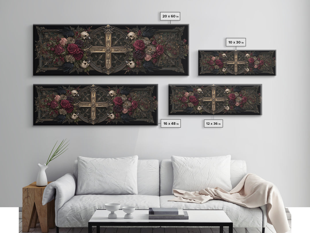 Ornate Cross and Roses Dramatic Still Life Framed Canvas Print, Gothic Art, Halloween Decor, Living Room Decor, Gothic, GOT-3x1-84