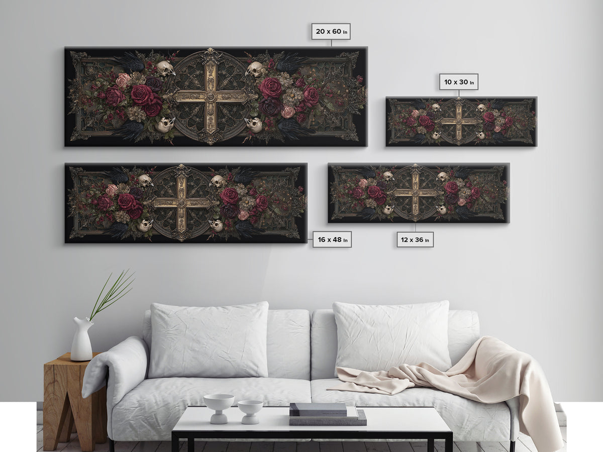 Ornate Cross and Roses Dramatic Still Life Framed Canvas Print, Gothic Art, Halloween Decor, Living Room Decor, Gothic, GOT-3x1-84