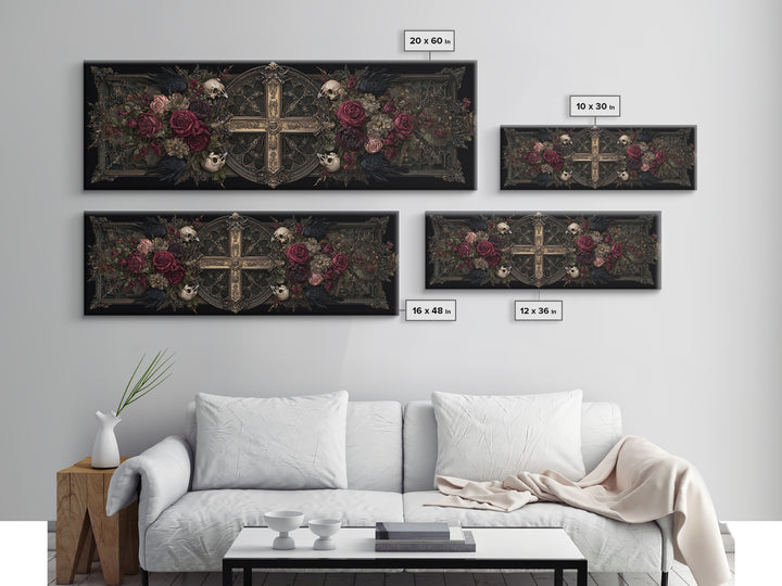 Ornate Cross and Roses Dramatic Still Life Framed Canvas Print, Gothic Art, Halloween Decor, Living Room Decor, Gothic, GOT-3x1-84