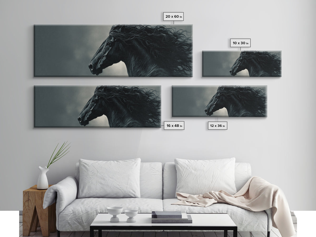 Black Horse with Flowing Mane in Fog Framed Canvas Print, Gothic Art, Gothic Decor, Living Room Decor, Fine Art, Gothic, GOT-3x1-9